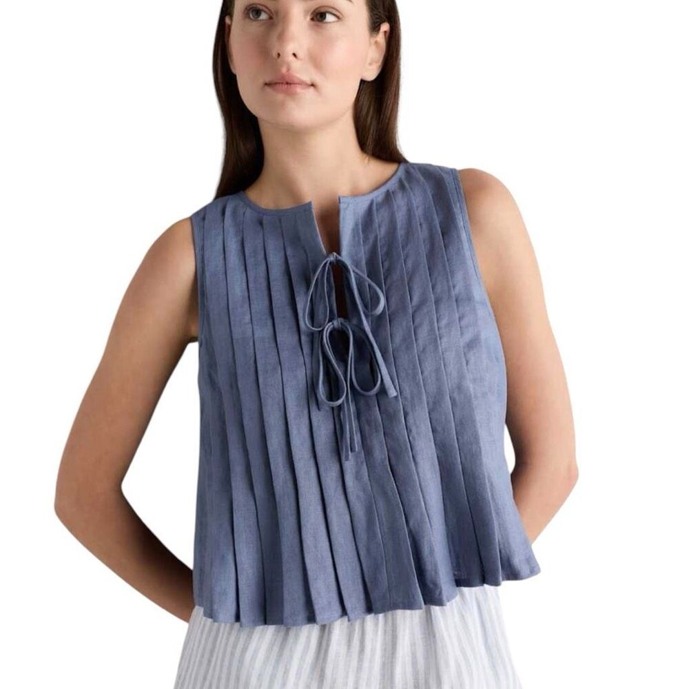 Quince 100% European Linen Sleeveless Pleated Cropped Tank Top Size Medium Blue